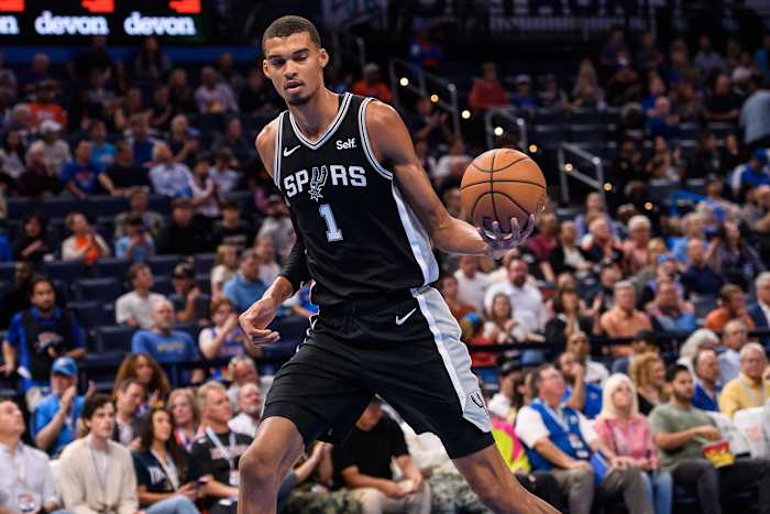 San Antonio Spurs center Victor Wembanyama playing against the Oklahoma City Thunder in the first preseason game